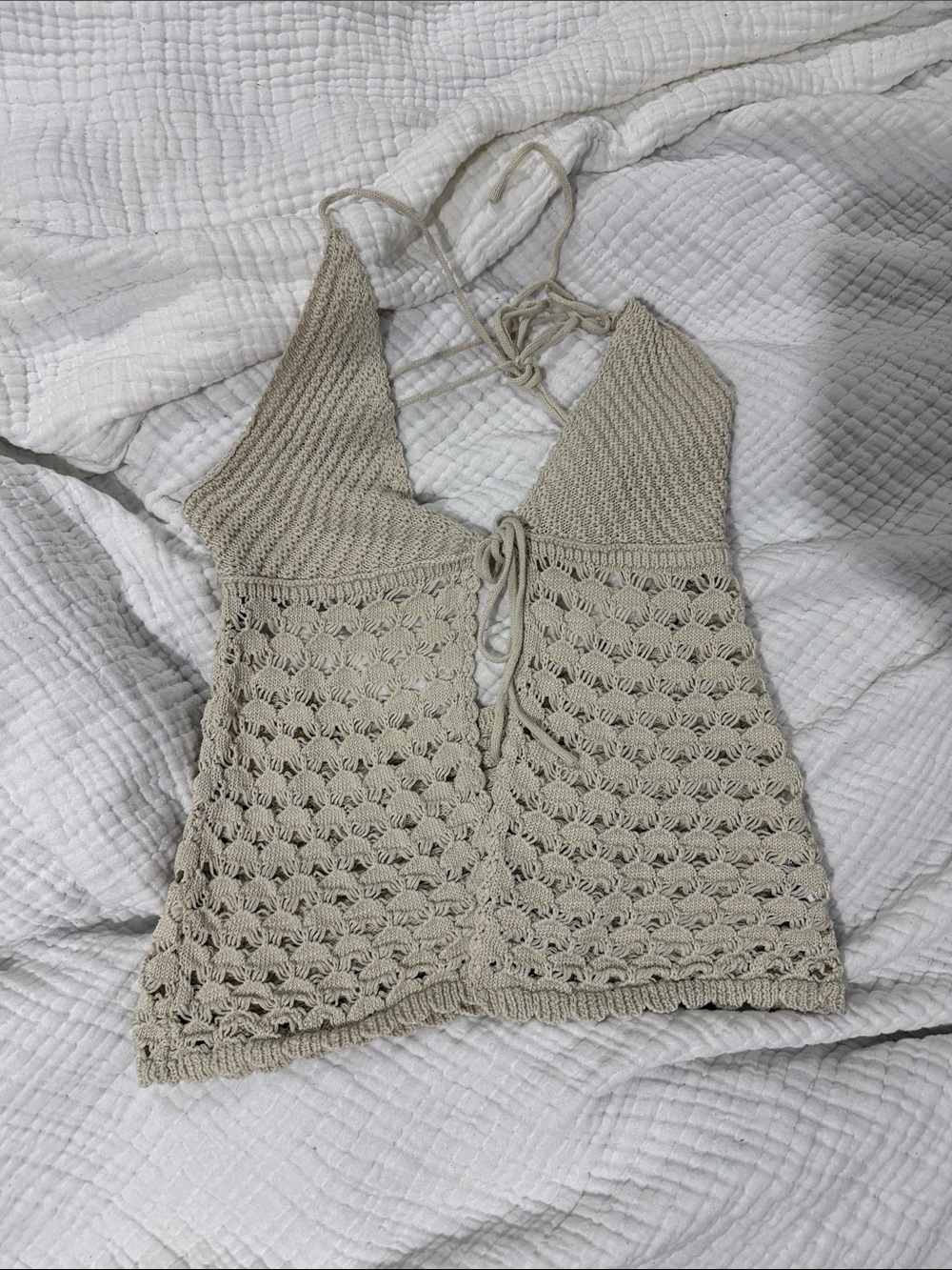 SHEIN Beige Crochet Halter Tie-Front Crop Top